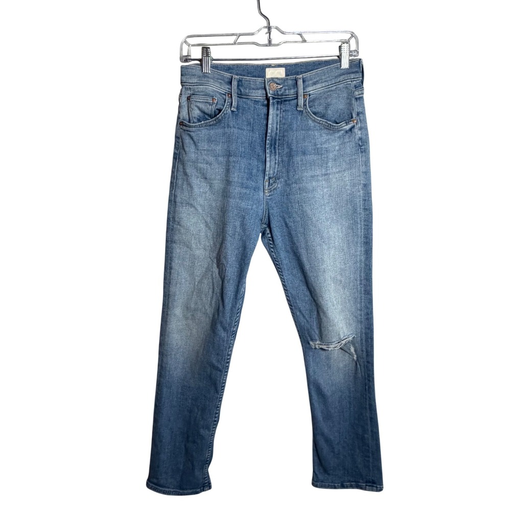 MOTHER High Waisted Rider Ankle Jeans Kiss And Make Up Again Blue Distressed 28